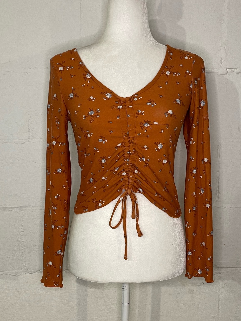 Pink Rose Rust Orange Floral Ruched V-Neck Long Sleeve Top with Drawstring